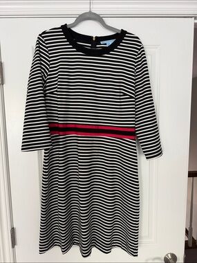 Draper James Women’s Black & White Striped Dress with Red Waist Band